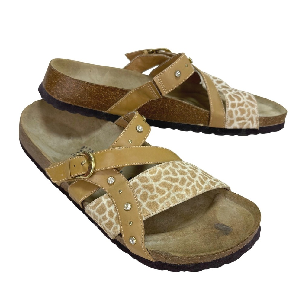 Betula Birkenstock Sandals 10 EU 41 Tan Giraffe Rhinestone Studded Boho Slides